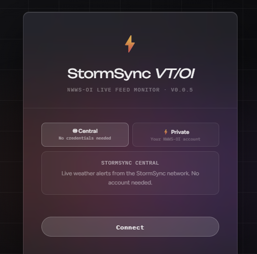 StormSync connection settings showing Central Feed and Private Feed options