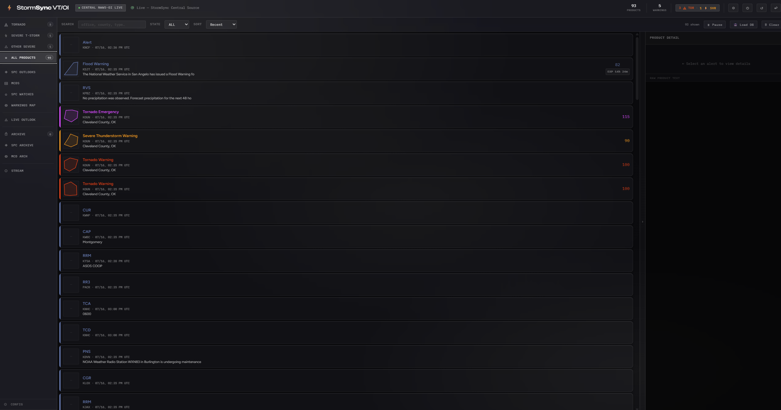 The StormSync VT/OI main window during a live session