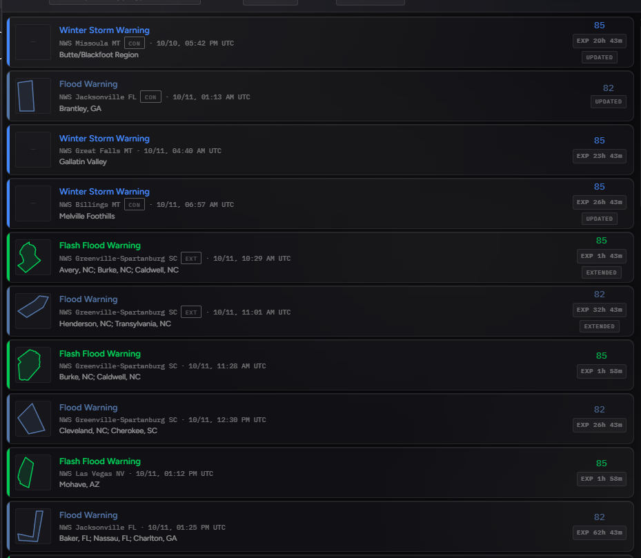 The StormSync alert list during a real session