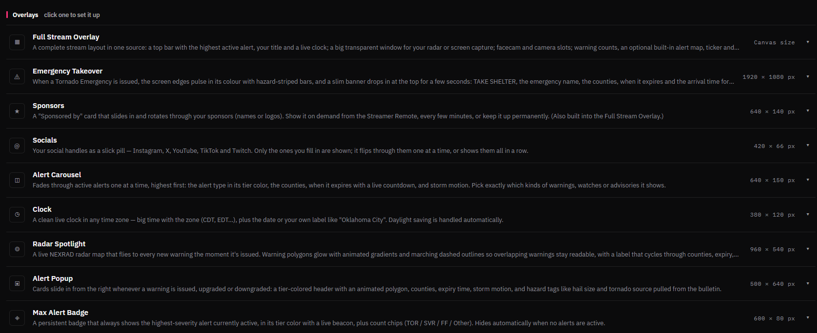 The StormSync stream element list showing every available element